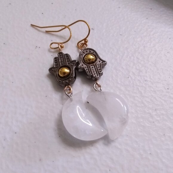 Luna Moon Goddess Earrings! Quartz Moons & Hamsa Hand - Protection & Blessings - Picture 9 of 14